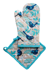 Oven Glove and Pot Holder Set - Blue Wren